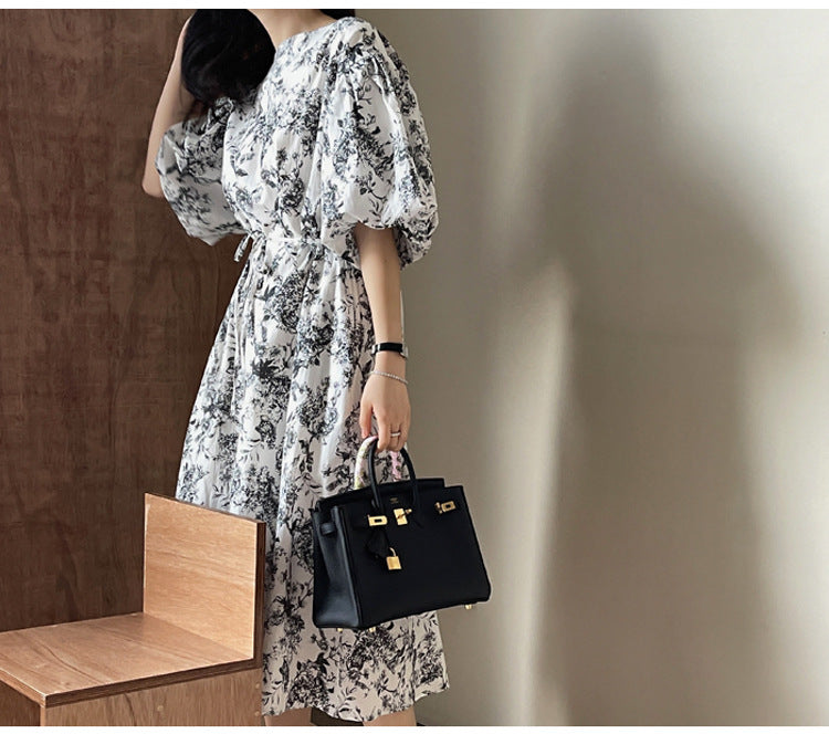 Women's Flared Midi Dress with Floral Toile Look, Puff Sleeves and Side Pockets Mune Fashion