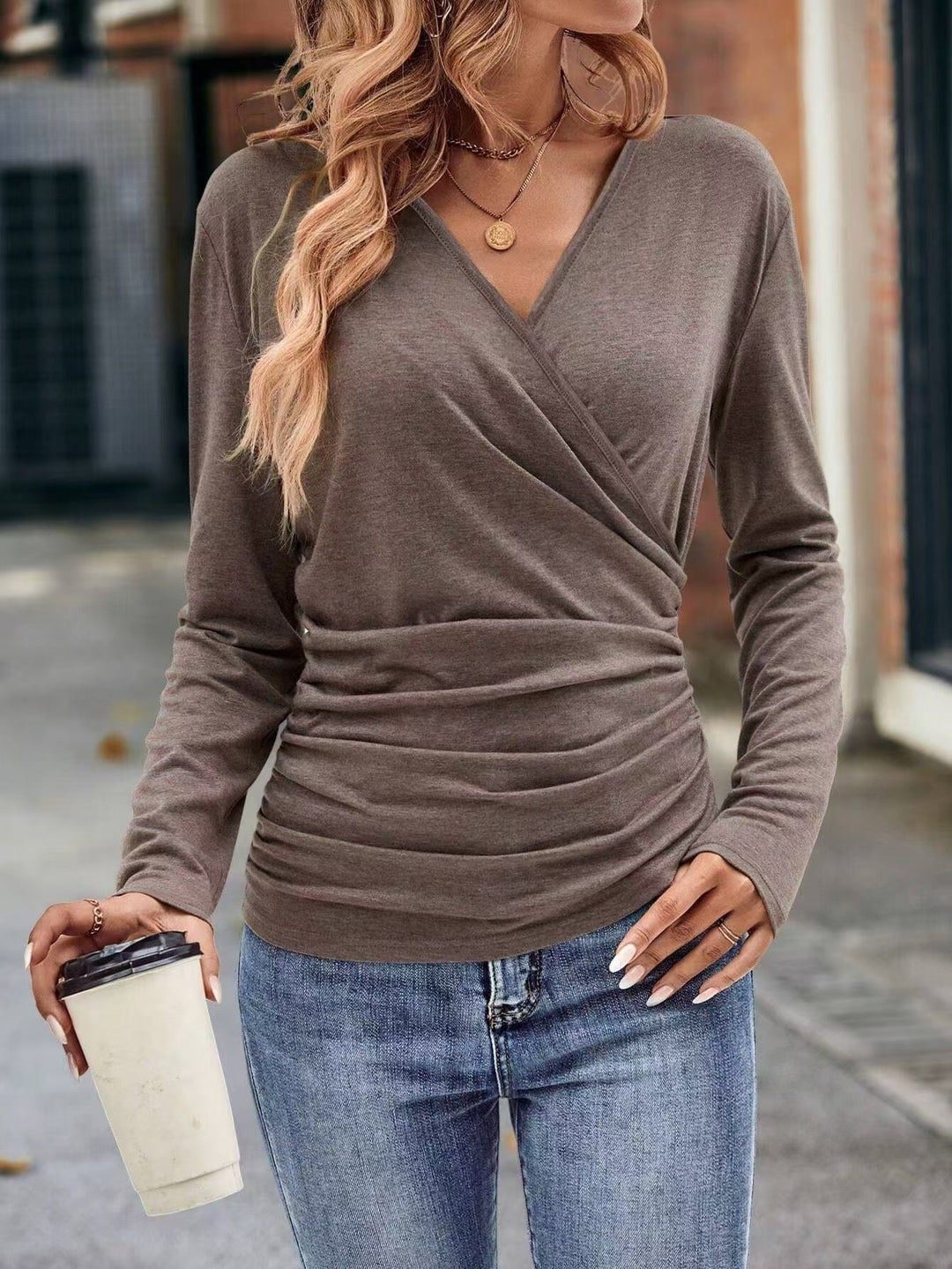 Mune | Women's Wrap Top with Elegant Gathering and Long Sleeve