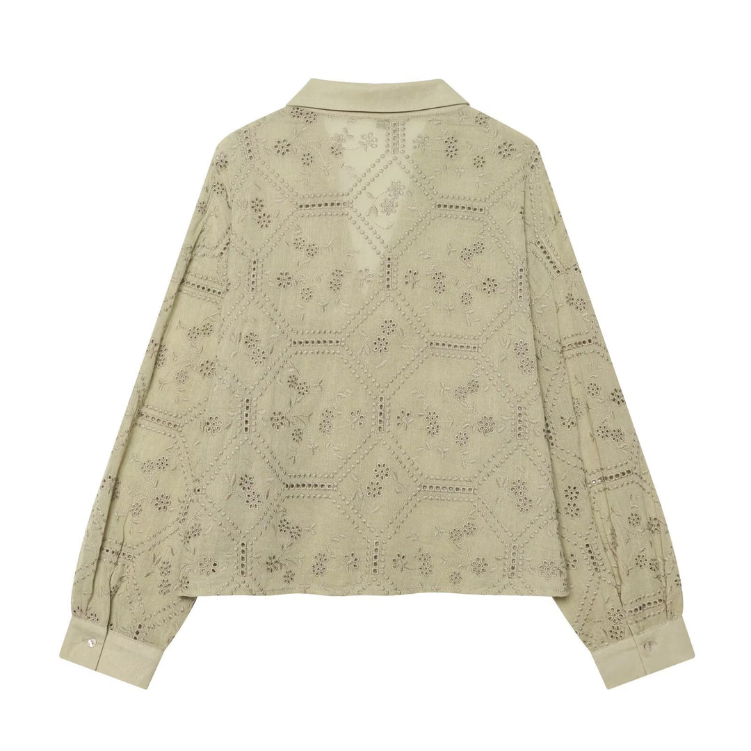 Women's Broderie-Anglaise Shirt Blouse in Oversize Cut with Balloon Sleeves Mune Fashion