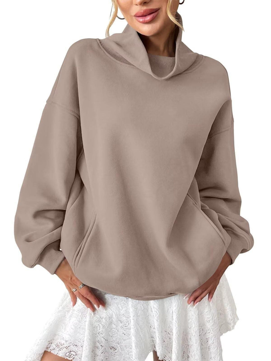 Women's Casual Oversized Sweatshirt with Funnel Neck and Kangaroo Pocket Mune Fashion