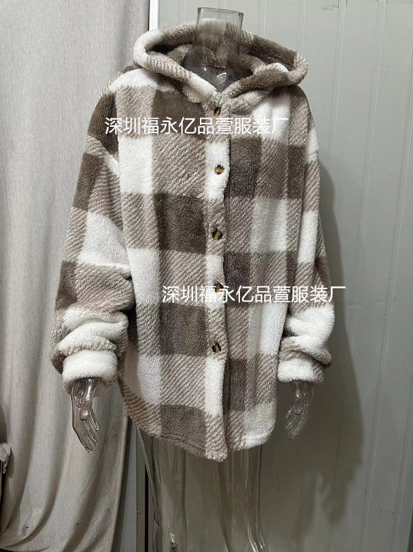 Women's fluffy checked teddy jacket with hood, button closure and oversized fit Mune Fashion