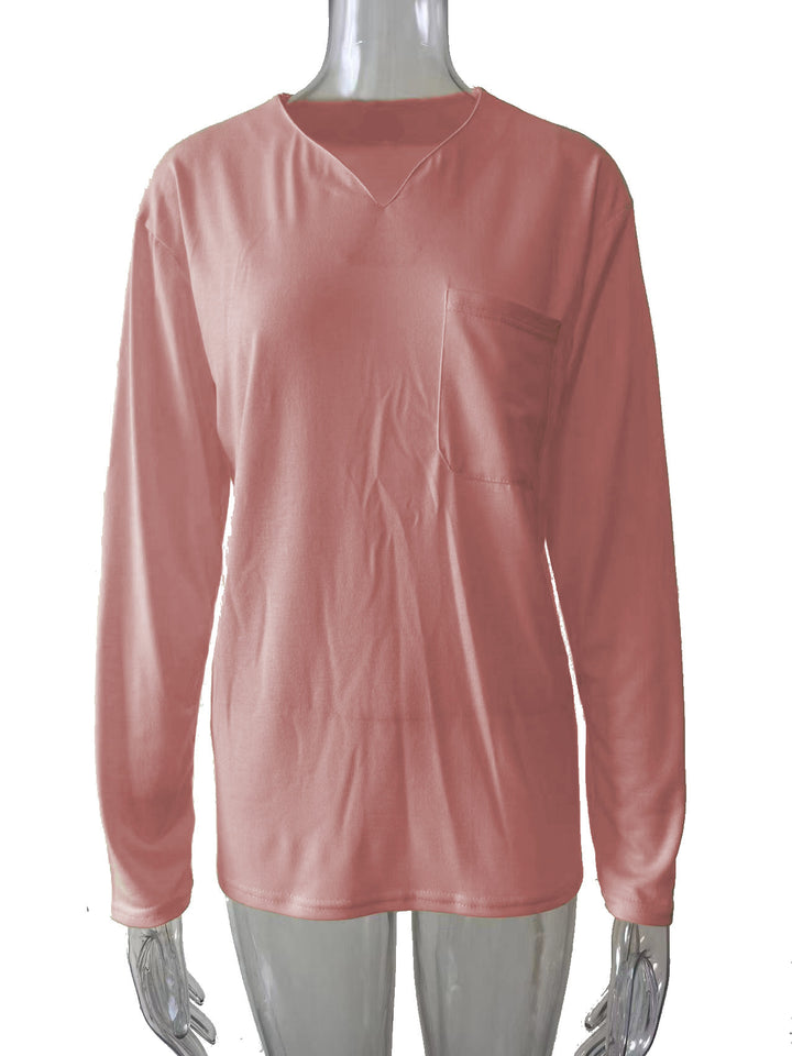 Women nan legeres Long-sleeve shirt with V-notch neckline, chest pocket, and relaxed oversized fit Mune Fashion