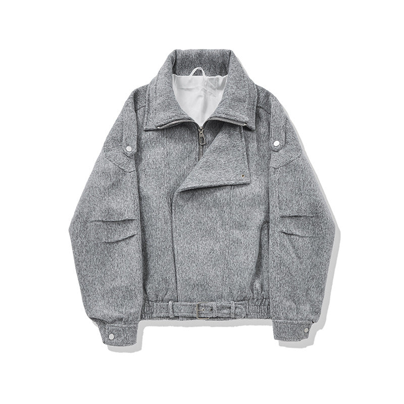 Ladies short cut wool blend biker jacket with asymmetric front and waist belt Mune Fashion