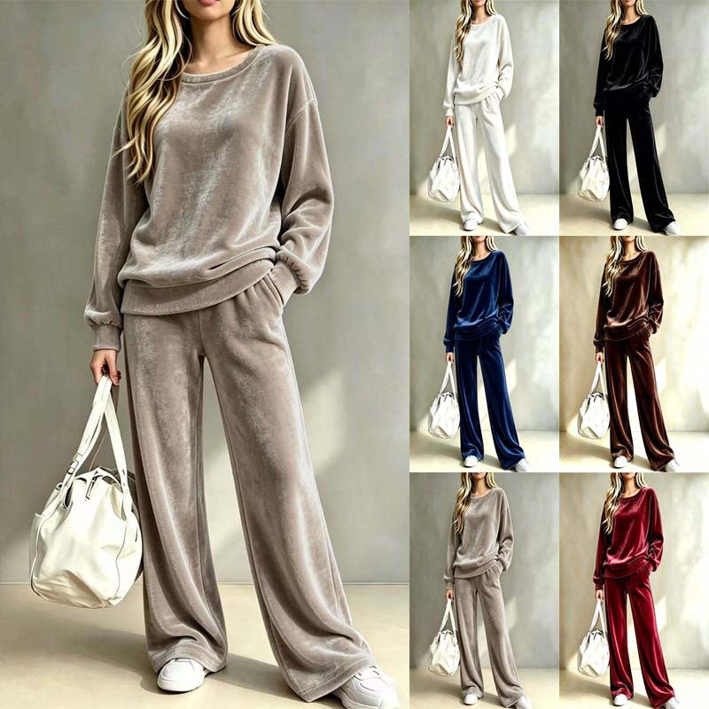 Women's Soft Velour Loungewear Set with Wide Leg and Round Neck Mune Fashion