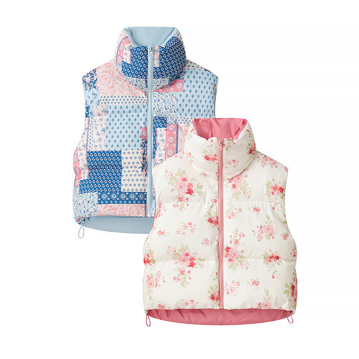 Women's Quilted Short Vest with Stand-Up Collar, Patchwork Bandana Print and Drawstring Mune Fashion