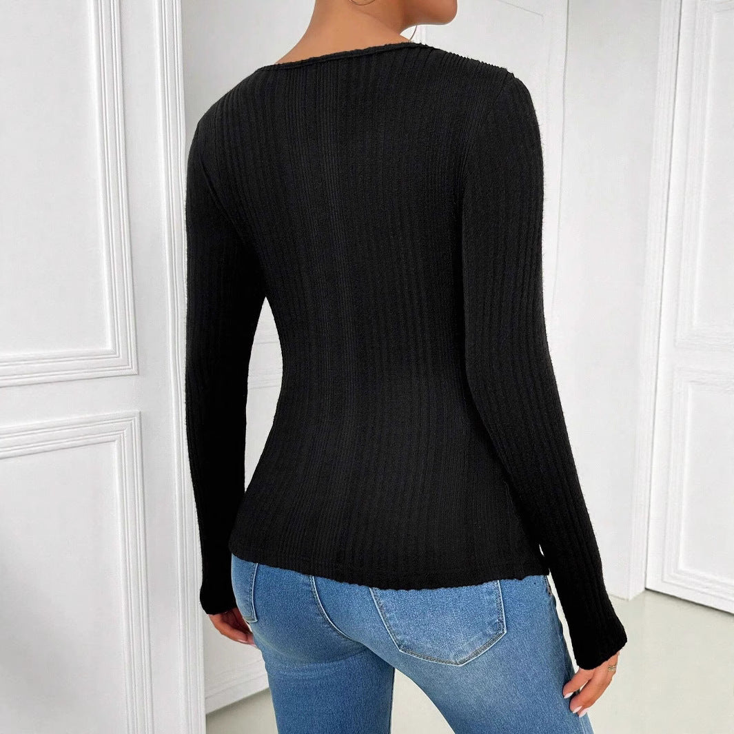 Women's figure-hugging long-sleeved rib knit top with keyhole and asymmetric neckline Mune Fashion