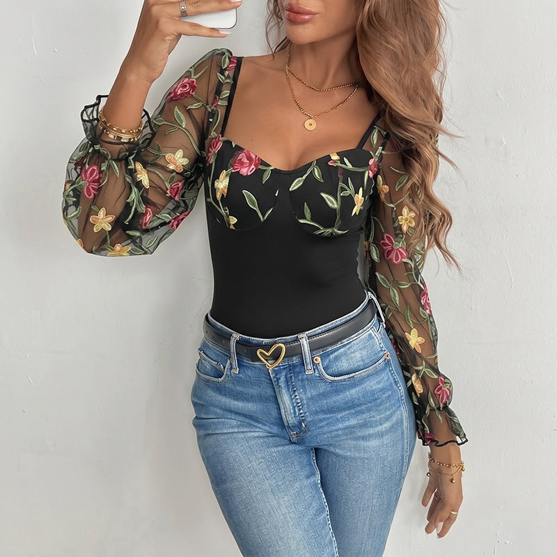 Women's shaping mesh bodysuit with corset look, balconette neckline and embroidered sheer sleeves Mune Fashion