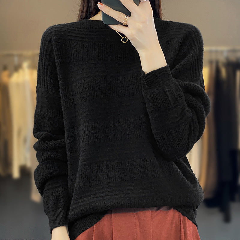 Women Oversize Fine Knit Sweater with Structural Blocks, Mohair Look and Round Neckline Mune Fashion