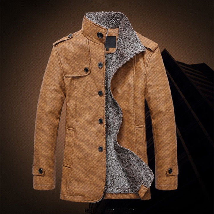 Men's Textured Faux Leather Midlayer Jacket with Teddy Fleece Lining, Stand Collar and Shoulder Patches Mune Fashion