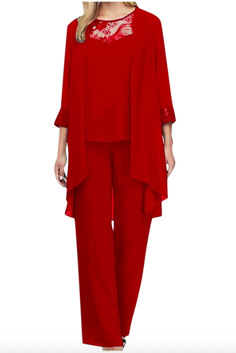Women's flowing chiffon evening ensemble with lace trim, kimono cardigan and wide palazzo pants Mune Fashion