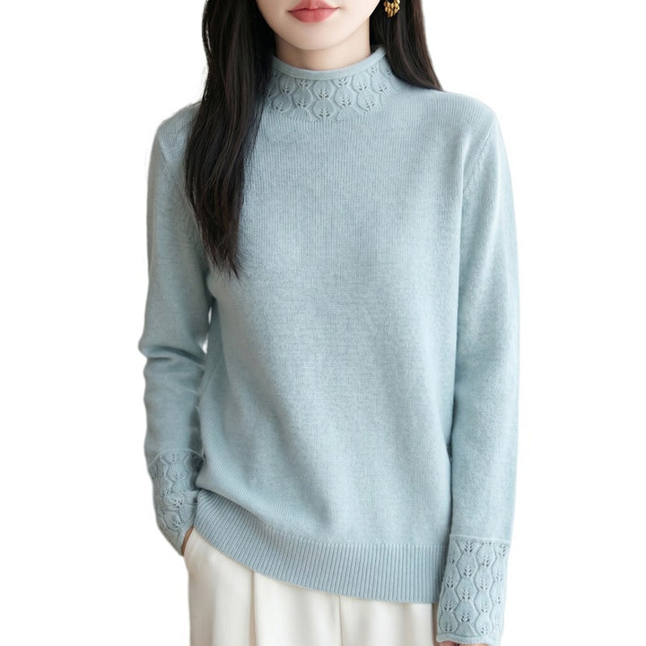 Women's Mockneck Fine Knit Sweater with Openwork Detail at Collar and Cuffs Mune Fashion