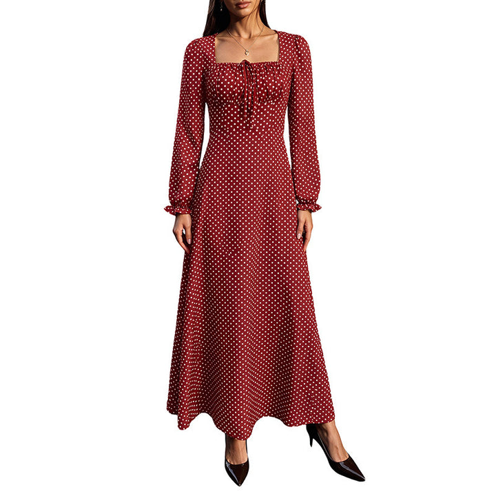 Women’s Retro Maxi Dress with Square Neckline, Ruched Bust Area and Long Sleeves Mune Fashion