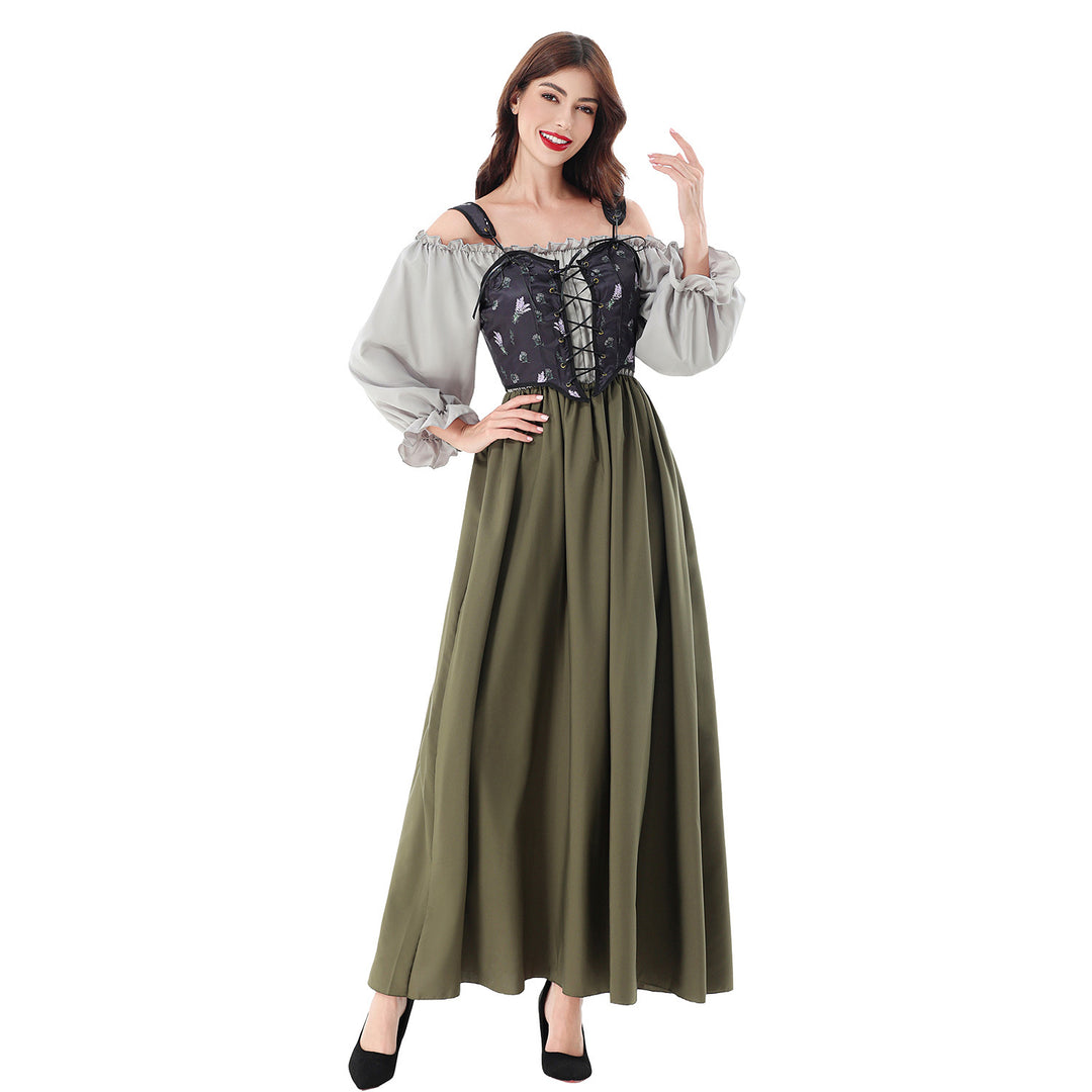 Ladies Corsage Dress with Lace-Up Corset and Off-the-Shoulder Blouse Top Mune Fashion