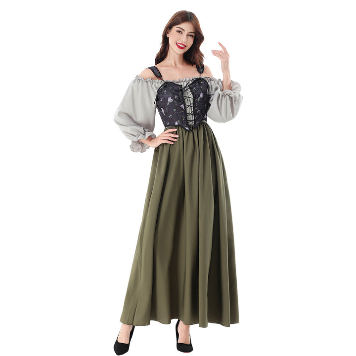Ladies Corsage Dress with Lace-Up Corset and Off-the-Shoulder Blouse Top Mune Fashion