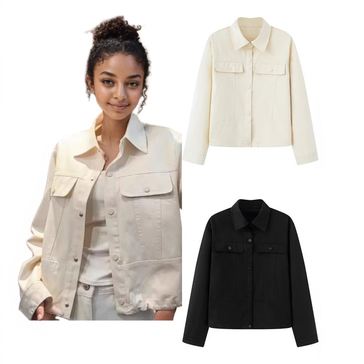 Women Short Cut Boxy Overshirt Jacket in Vegan Leather Look with Flap Pockets and Snap Button Closure Mune Fashion