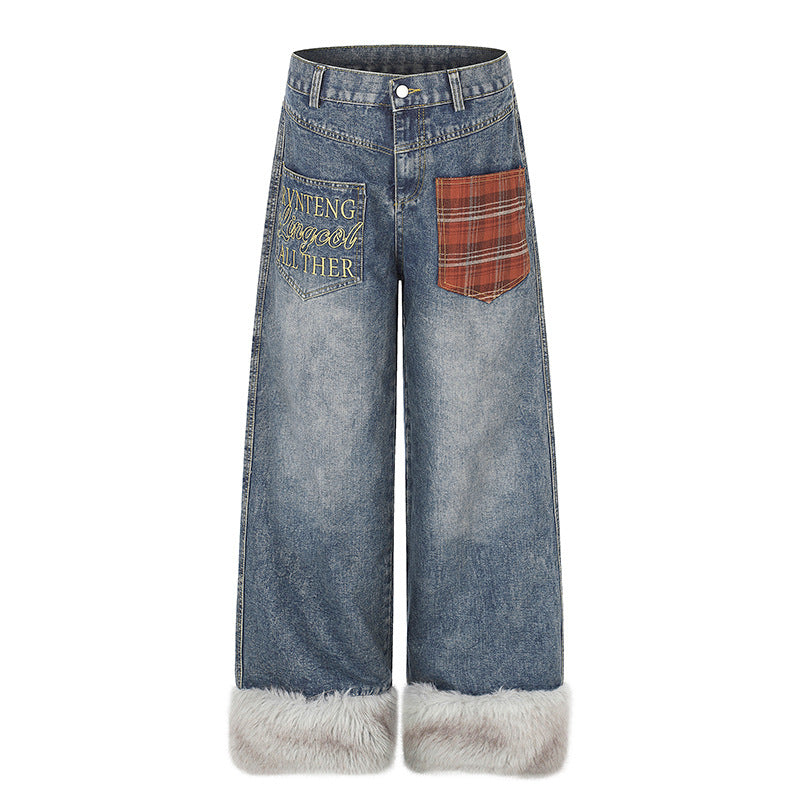 Women wide high-cut denim palazzo pants with check patch pocket and faux fur trim at hem Mune Fashion