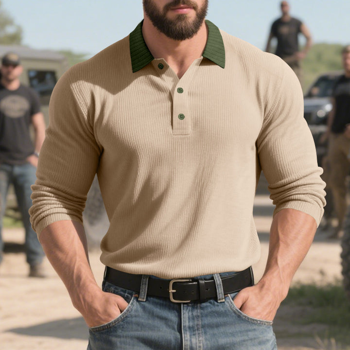 Men's ribbed long-sleeve polo with Kent collar and concealed button placket Mune Fashion
