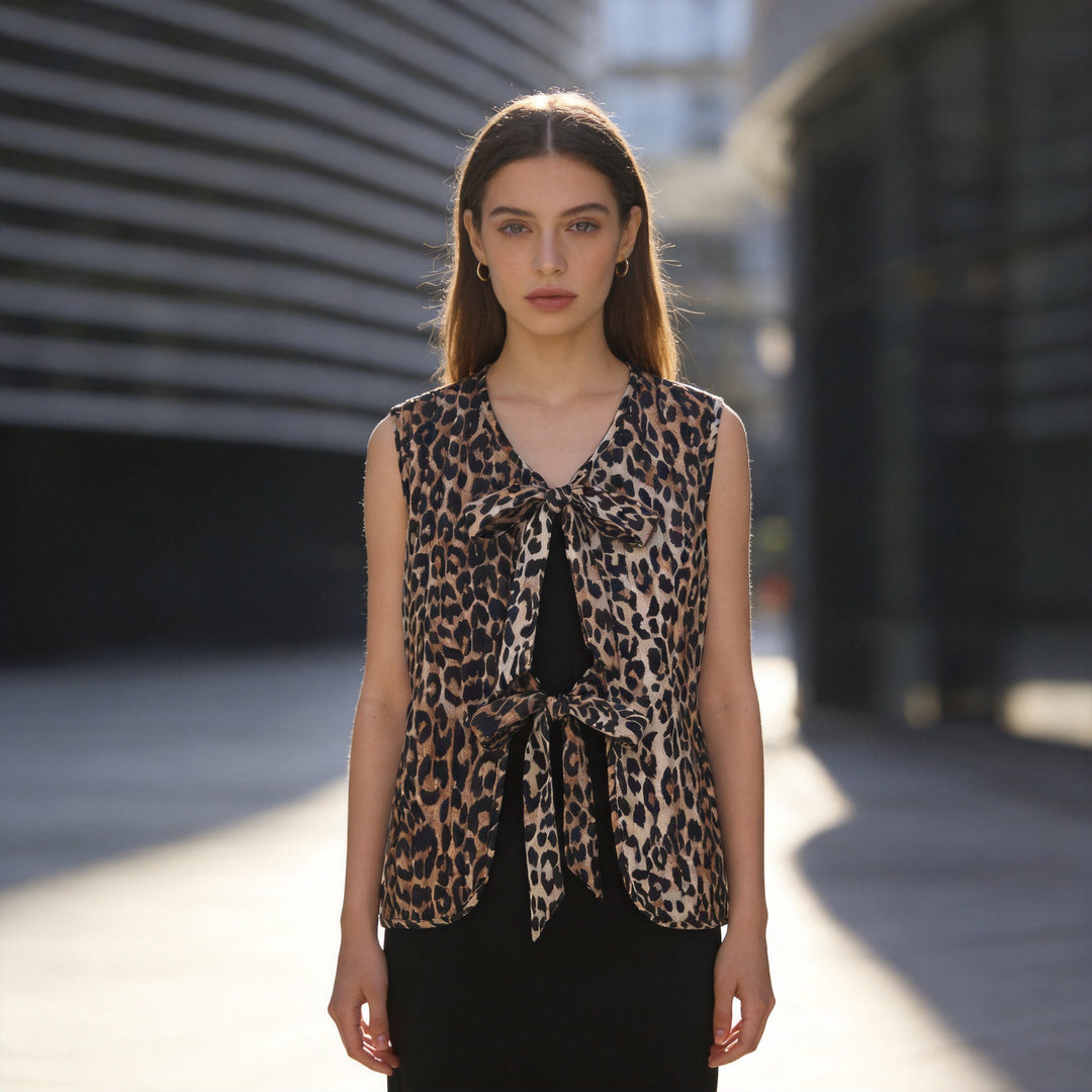 Women's Sleeveless Satin Blouse Top with Leopard Print and Double Bow Front Mune Fashion