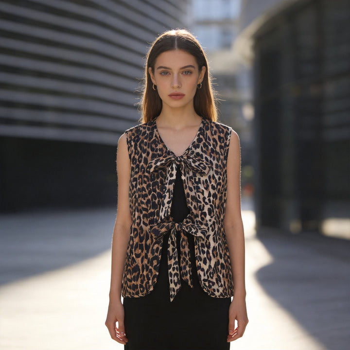 Women's Sleeveless Satin Blouse Top with Leopard Print and Double Bow Front Mune Fashion