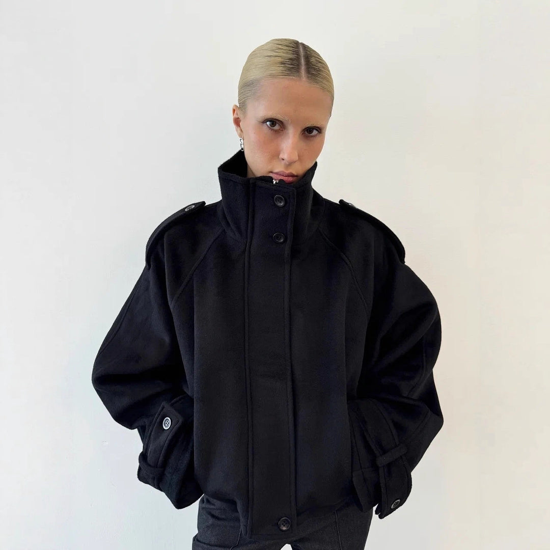 Women's Oversized Wool Cropped Jacket with High Stand-up Collar and Balloon Sleeves Mune Fashion