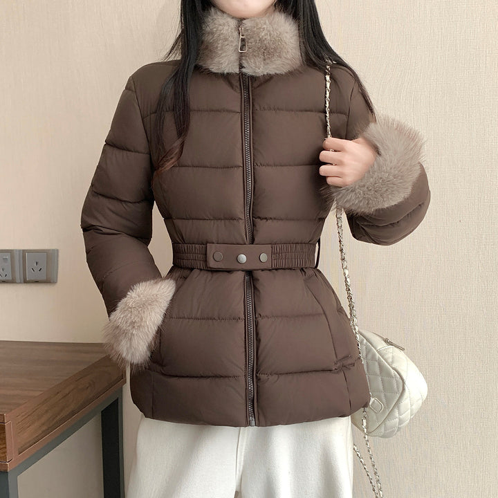 Women nan tailored thermal short jacket with elastic waist belt, faux fur collar and faux fur cuffs Mune Fashion