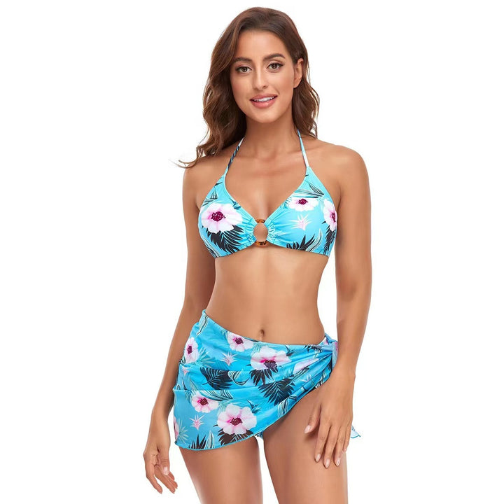 Women's Triangle Bikini Set with trendy wrap skirt and floral design Mune Fashion