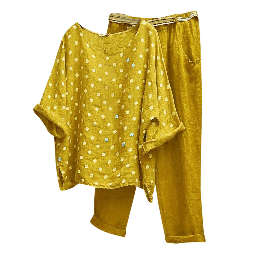 Women's Linen Loungewear Set with Polka Dot Oversized Tunic and Elastic Waist Pants Mune Fashion