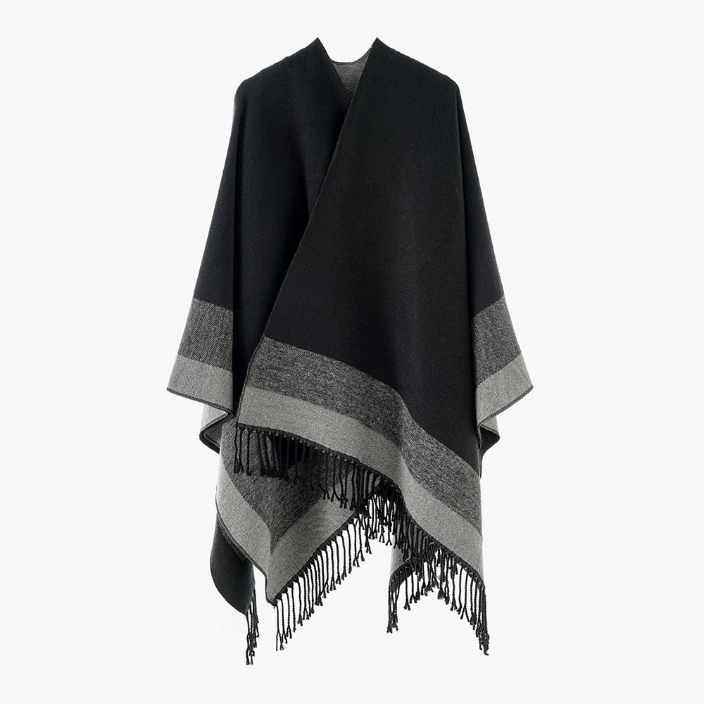 Women's Rectangular Wool Blend Poncho with Open Front, Fine Overlock Stitching and Fringed Hem Mune Fashion