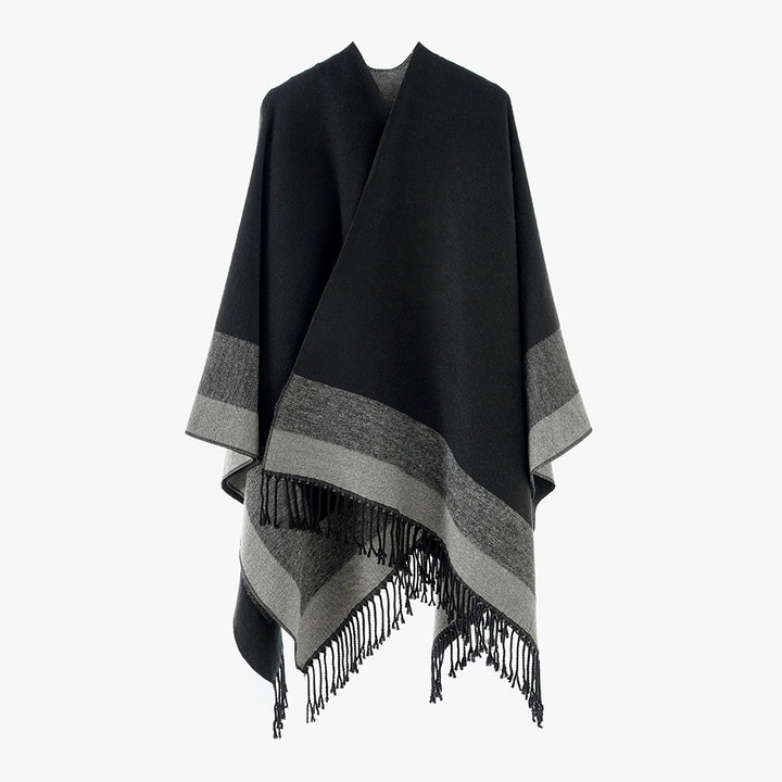 Women's Rectangular Wool Blend Poncho with Open Front, Fine Overlock Stitching and Fringed Hem Mune Fashion