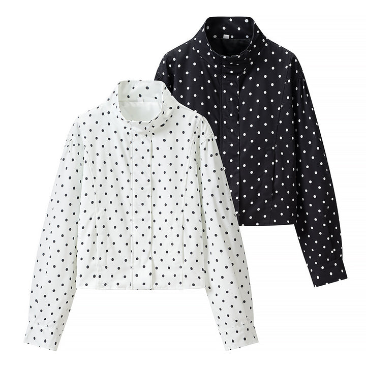 Women Polka Dot Short Jacket with Stand Collar and Concealed Snap Button Placket Mune Fashion