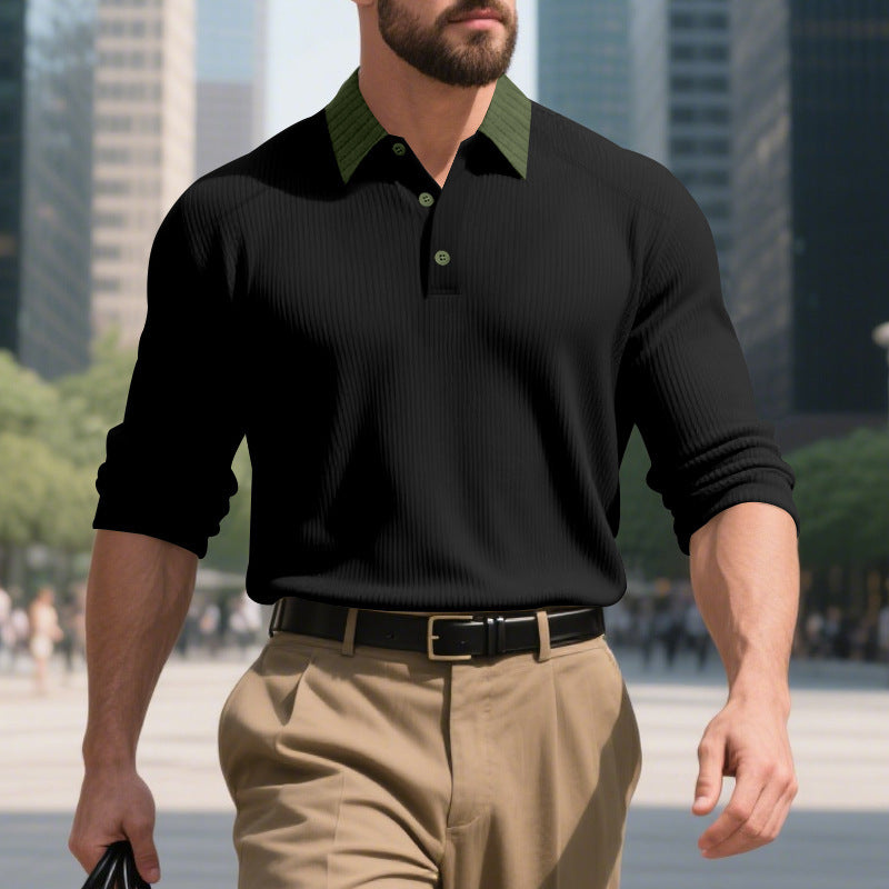 Men's ribbed long-sleeve polo with Kent collar and concealed button placket Mune Fashion