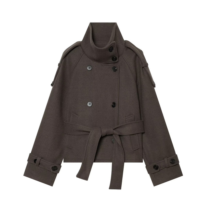 Ladies short cape jacket made of wool blend with high standing collar, double-breasted and tie belt Mune Fashion