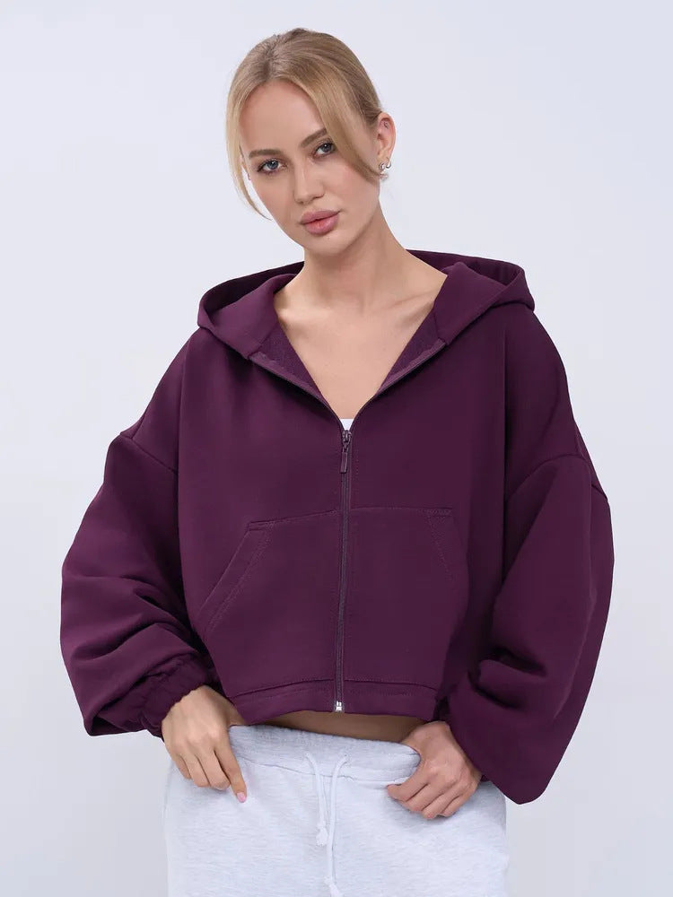 Women's casual cropped fleece hoodie with drawstring waistband, raglan sleeves and zip closure
