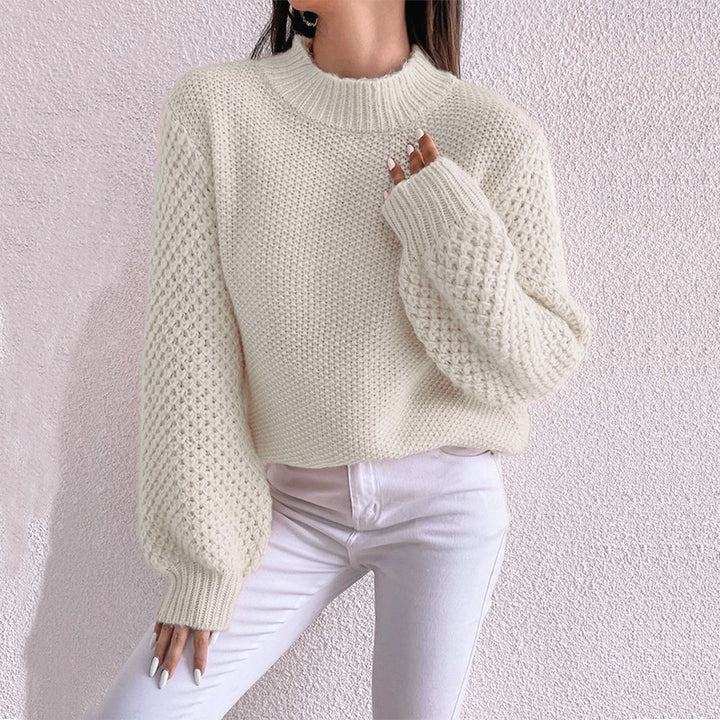 Women's Short-Cut Chunky Knit Sweater with Voluminous Mesh-Structure Sleeves and Stand-Up Collar Mune Fashion