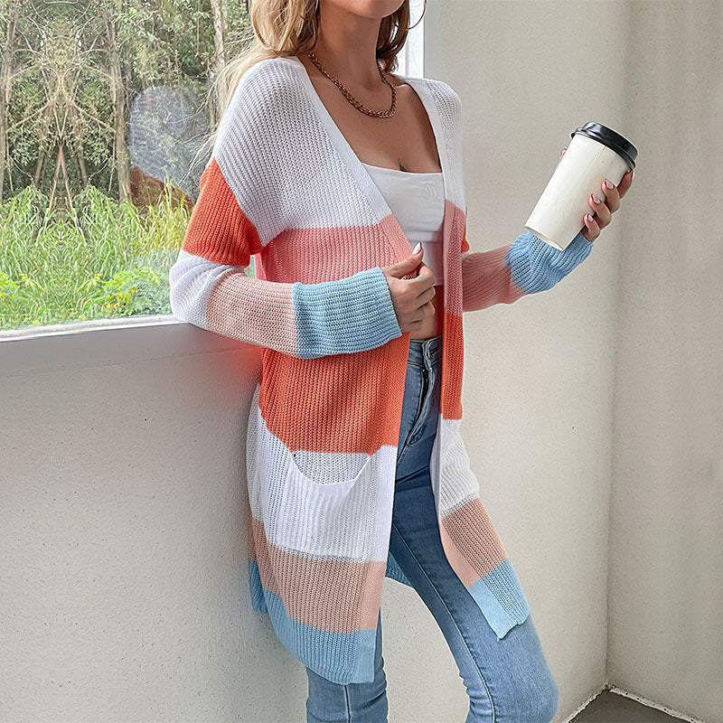 Women's Long Block Stripe Knit Cardigan with Open Cut, Pockets, and Light Ajour Structure Mune Fashion