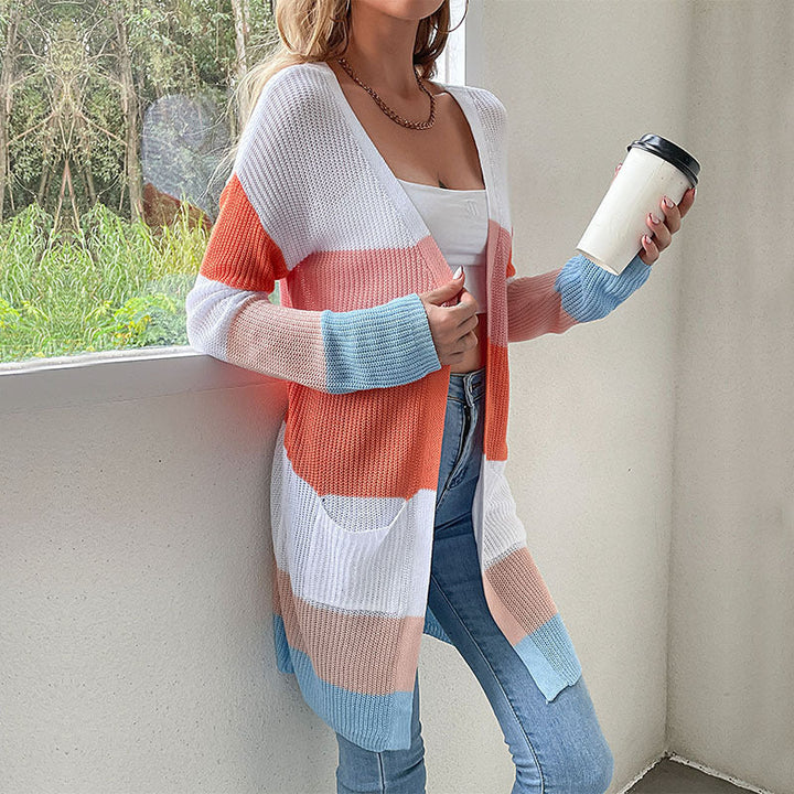 Women's Long Block Stripe Knit Cardigan with Open Cut, Pockets, and Light Ajour Structure Mune Fashion