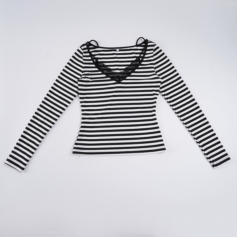 Women's striped long sleeve shirt with lace V-neck and double spaghetti straps Mune Fashion