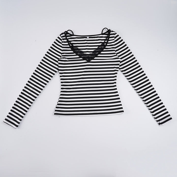 Women's striped long sleeve shirt with lace V-neck and double spaghetti straps Mune Fashion