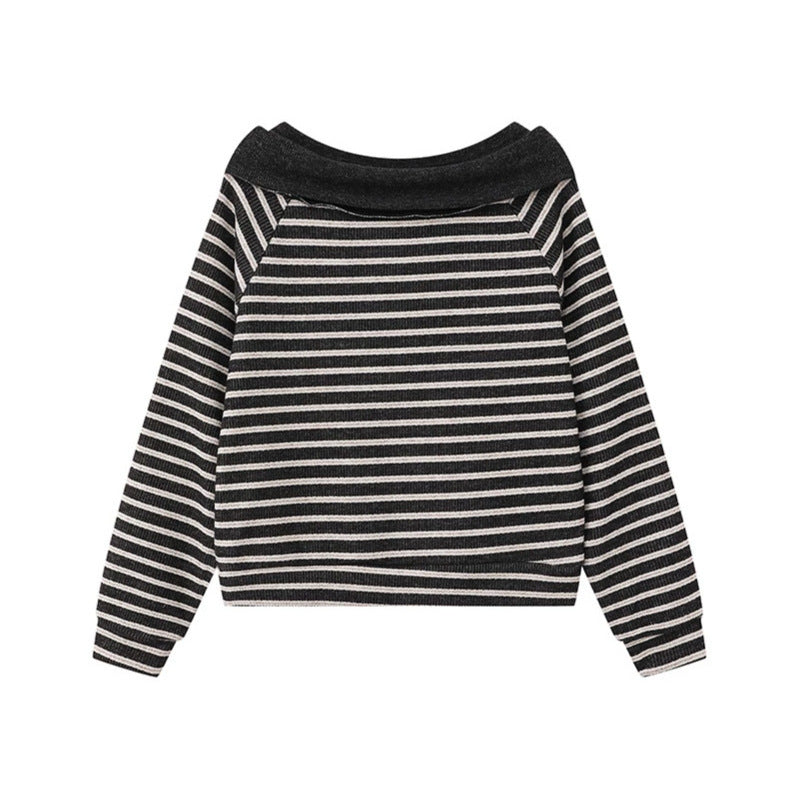 Women's Knitted Short Sweater with Off-Shoulder Cut, Bow Detail and Horizontal Striped Pattern Mune Fashion