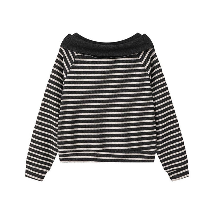 Women's Knitted Short Sweater with Off-Shoulder Cut, Bow Detail and Horizontal Striped Pattern Mune Fashion