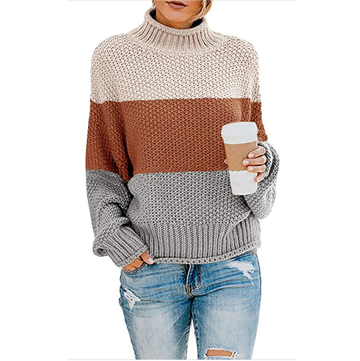 Women's chunky knit turtleneck sweater with oversized cut and block stripe design Mune Fashion