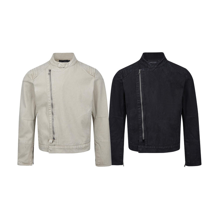 Men's short-cut asymmetric canvas biker jacket with funnel collar and zipper detail Mune Fashion