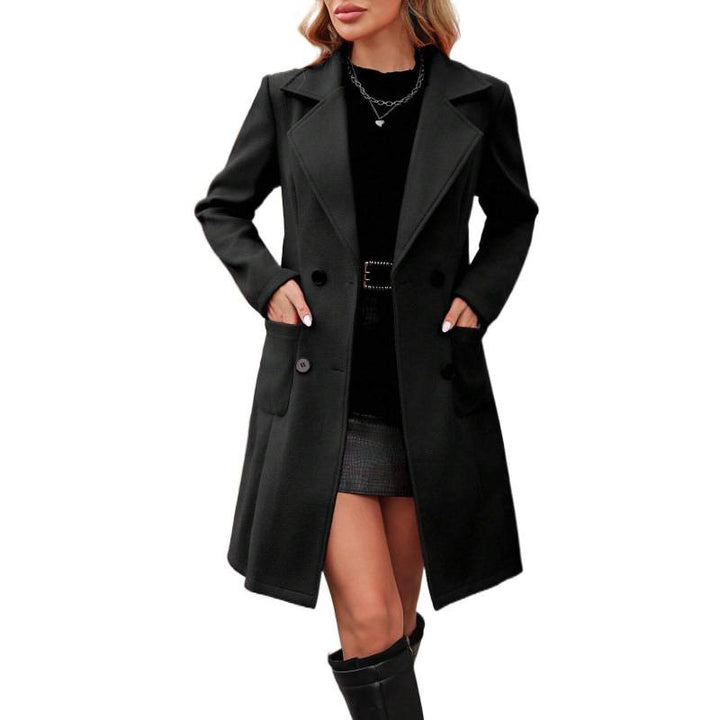 Women Double-breasted Wool Blend Coat with Notched Collar and Patch Pockets Drune