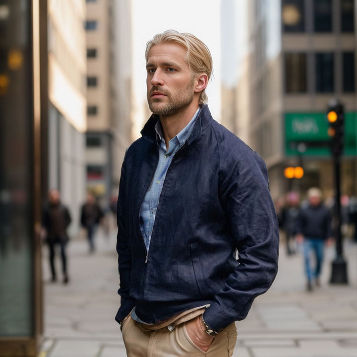 Men's Lightweight Zip Transition Jacket Made of Linen Blend with Stand-up Collar Mune Fashion