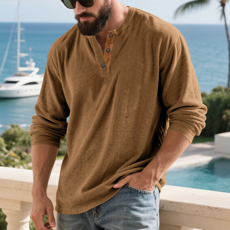 Men's long-sleeve Henley shirt made of structured cotton blend with decorative button placket Mune Fashion