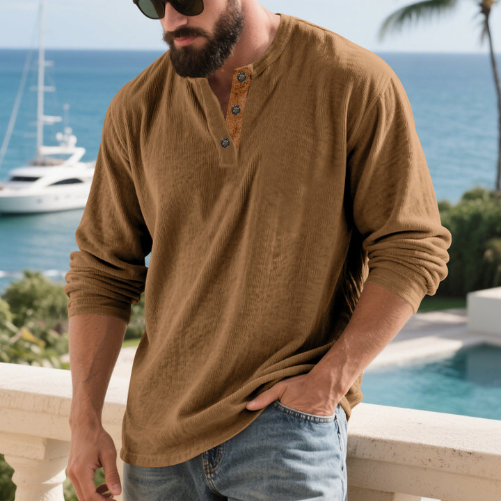 Men's long-sleeve Henley shirt made of structured cotton blend with decorative button placket Mune Fashion