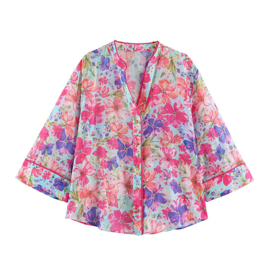 Women's Lightweight Blouse in Watercolor Floral Pattern with Stand Collar and Three-Quarter Sleeves Mune Fashion
