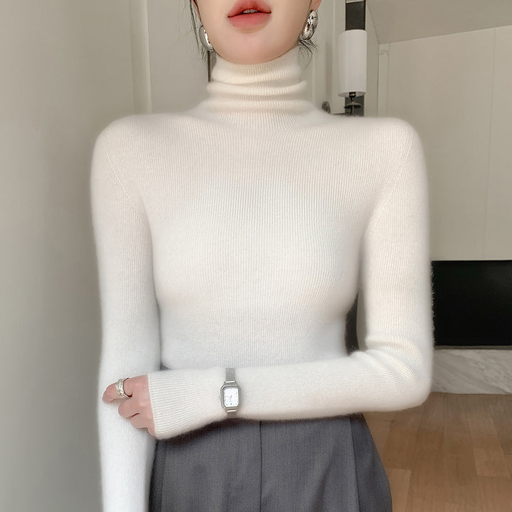 Women Slim Fine Knit Sweater with High Roll Neck and Fine Rib Structure Mune Fashion