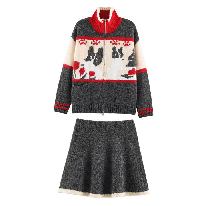 Women's Knit Two-Piece with Zipper Jacket and Flared Wool Blend Skirt Mune Fashion
