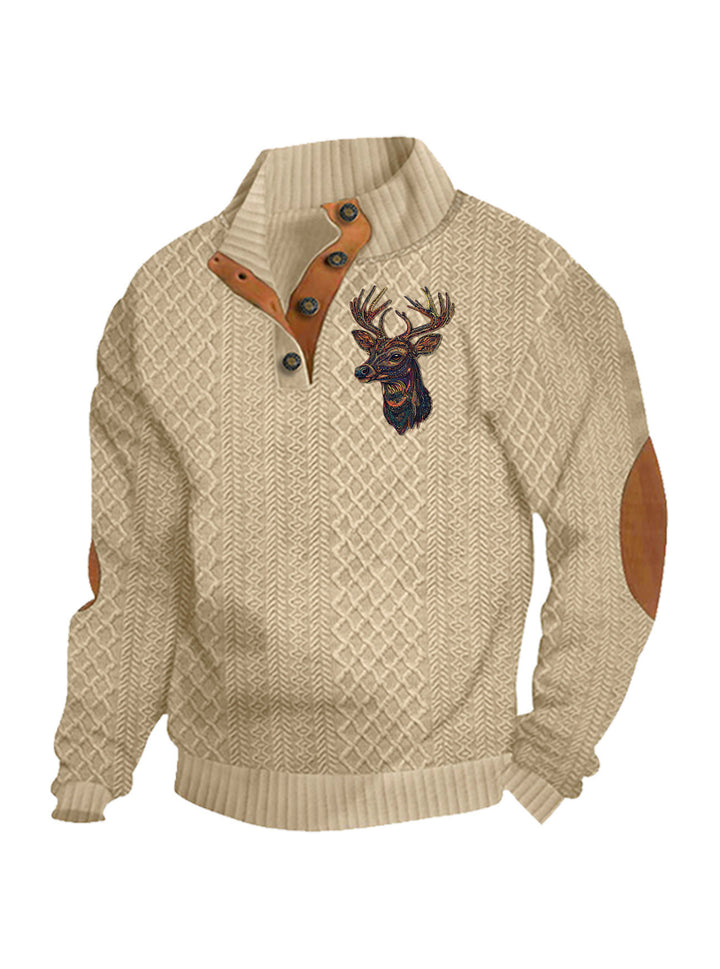 Men's nan Heritage textured pullover with stand-up collar faux leather trim elbow patches and half-button placket Mune Fashion